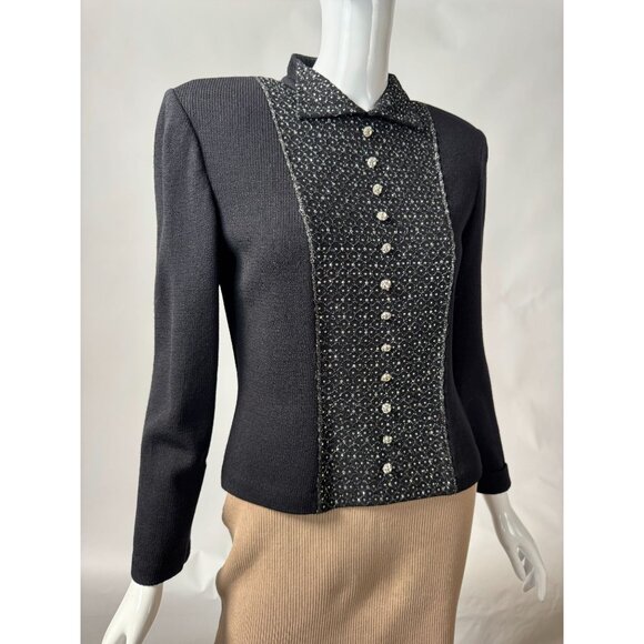 St. John Evening By Marie Gray Black Knit Rhinestone Button Down Top w/ Blemish - Picture 12 of 16